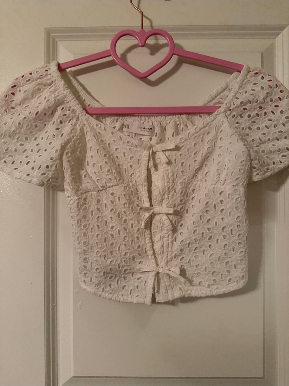 White Eyelet Tie-Front Puff Sleeve Top
